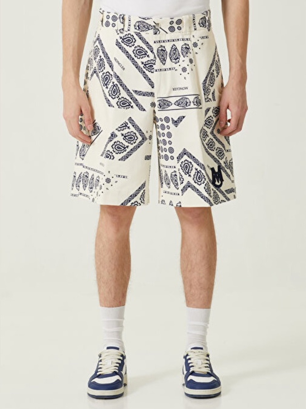 New Moncler Mens M IT48 Bandana Print Bermuda Shorts Denim Cotton Navy $635